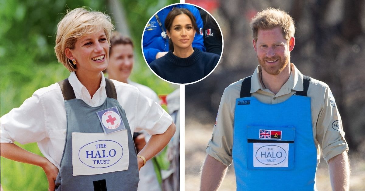 (L) Princess Diana in Angola in 1997; (R) Prince Harry walks through a minefield in Angola in 2019; (inset) Meghan Markle during the Invictus Games on February 09, 2025. Cover Image Source: Getty Images | (L) Tim Graham; (R & inset) Samir Hussein