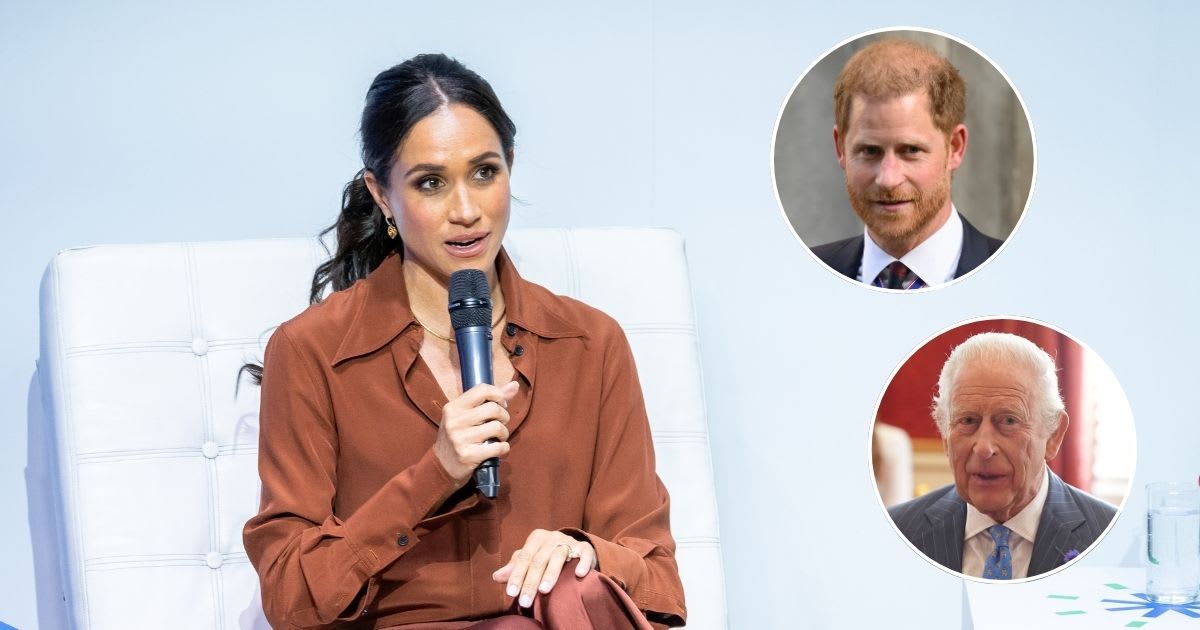 Meghan Markle speaks onstage at EAN University; (Inset B) King Charles speaks during a Youth Opportunity Summit; (Inset T) Prince Harry in London. Cover Image Source: Getty Images | Diego Cuevas; (Inset B) Aaron Chown; (Inset T) Karwai Tang