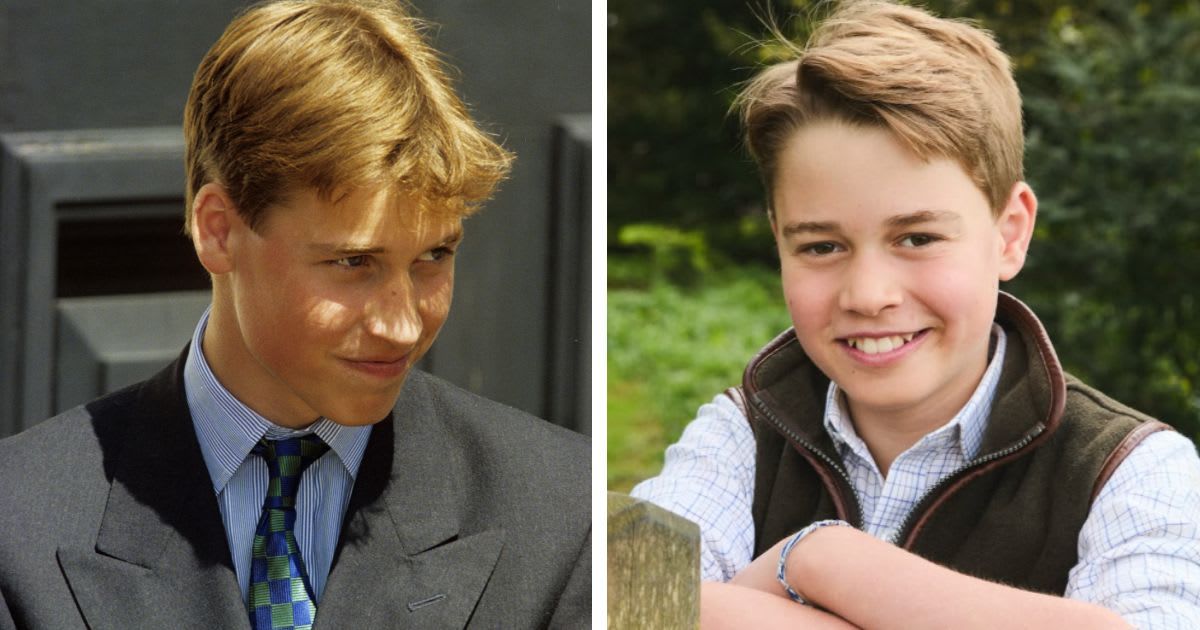 (L) Prince William smiles outside Clarence House in 1994; (R) Prince George's official birthday portrait. Cover Image Source: (L) Getty Images | Anwar Hussein; (R) Instagram | @princeandprincessofwales | Josh Shinner