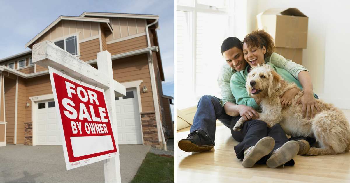 (L) A house for sale; (R) A couple with a happy dog. (Representative Image Source: Getty Images | Photo by (L) Thomas Northcut; (R) LWA/Dann Tardif)
