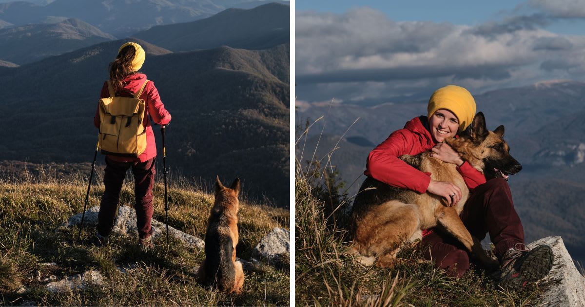 (L) Female traveler looks at mountains with a German Shepherd; (R) Traveler hugging best friend in nature. (Representative Cover Image Source: Getty Images | Photo by (L-R): Ekaterina Kobalnova)