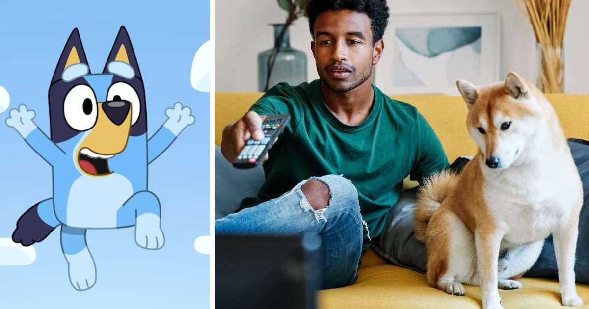 Left: Bluey | ABC Kids
Right: A man watching TV with his pet dog. (Representative Image Source: Getty Images | Photo by juanma hache)