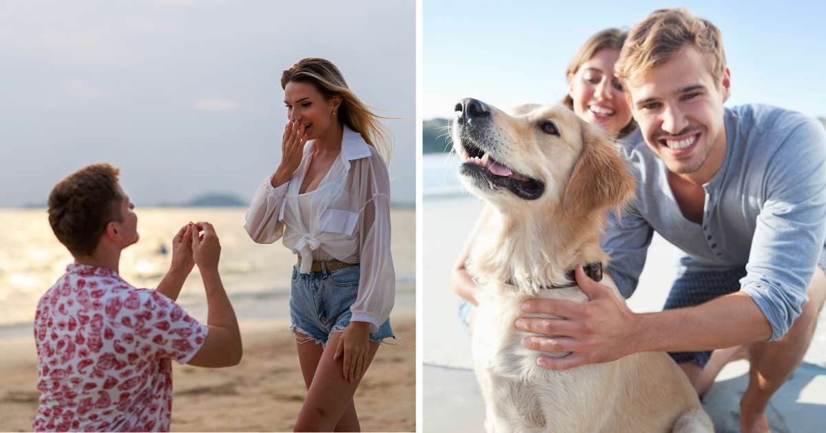 (L) A man proposing on a beach. (R) A couple with their pet on beach. (Representative Image Source: Getty Images | (L) Sutthichai Supapornpasupad, (R) OJO Images)