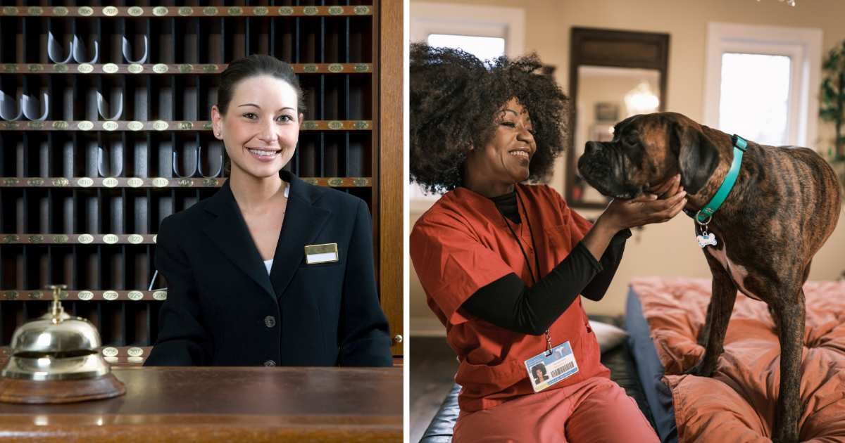 (L) A hotel receptionist standing behind her desk; (R) A woman with her pet dog. (Representative Cover Image Source: Getty Images | (L) fStop Images; (R) Fotografia inc.)