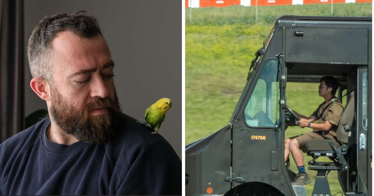 (L) Man watching a love bird on his shoulder; (R) A UPS guy driving off. (Representative Cover Image Source: Getty Images | (L) buz; (R) Marvin Samuel Tolentino Pineda)