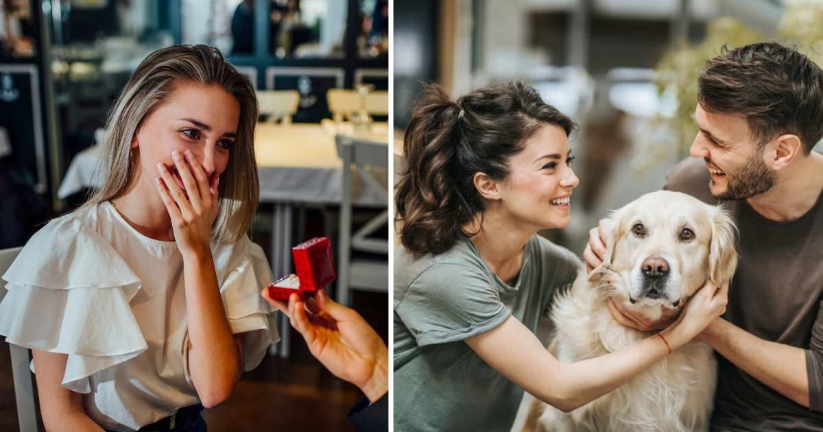 (L) A woman getting proposed; (R) A happy couple with their pet dog. (Representative Cover Image Source: Getty Images | (L) Jose Luis Agudo Gonzalez; (R) skynesher)