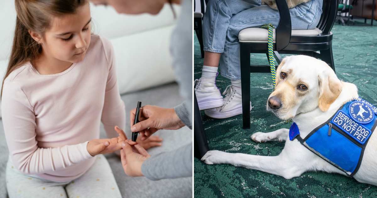 (L) A mother checking her daughter's insulin levels. (R) A service dog sitting on the floor. (Representative Image Source: Getty Images | (L) Milos Dimic, (R) Kelsey Andriot Purcell)