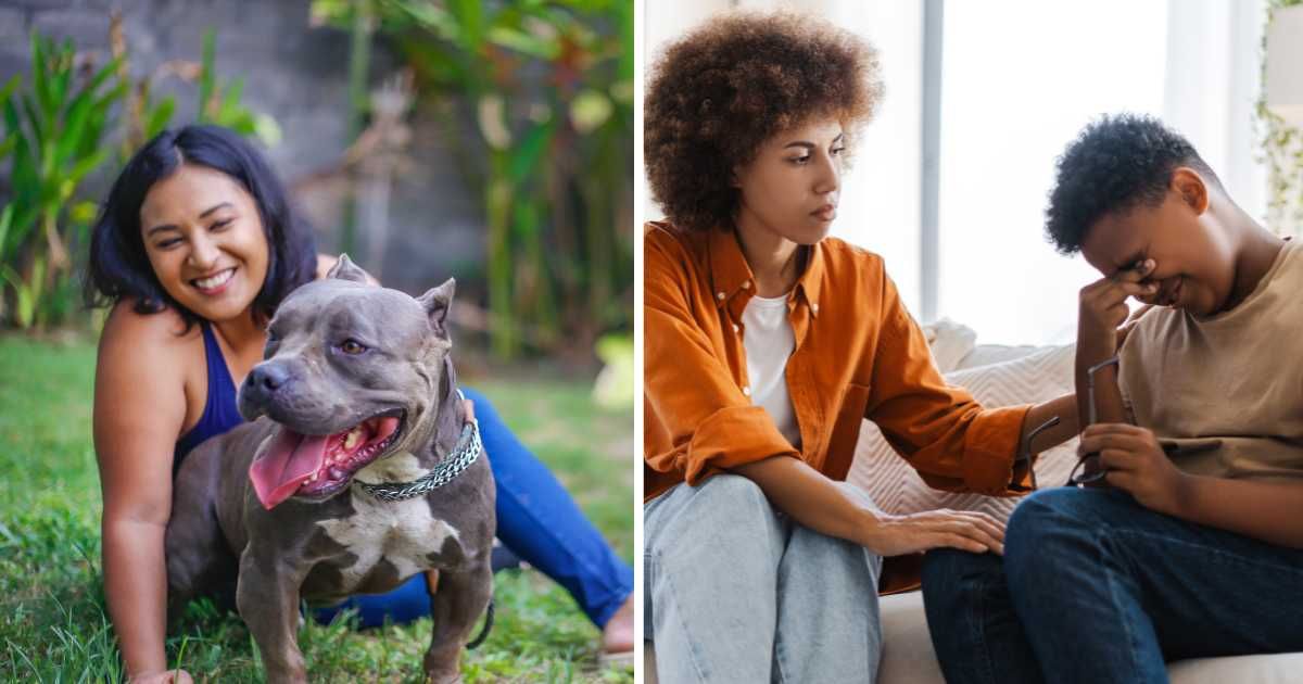 (L) A woman with her pet dog. (R) A mother comforting her crying son. (Representative Image Source: Getty Images | (L) Kanawa_studio, (R) Mariia Vitkvska)