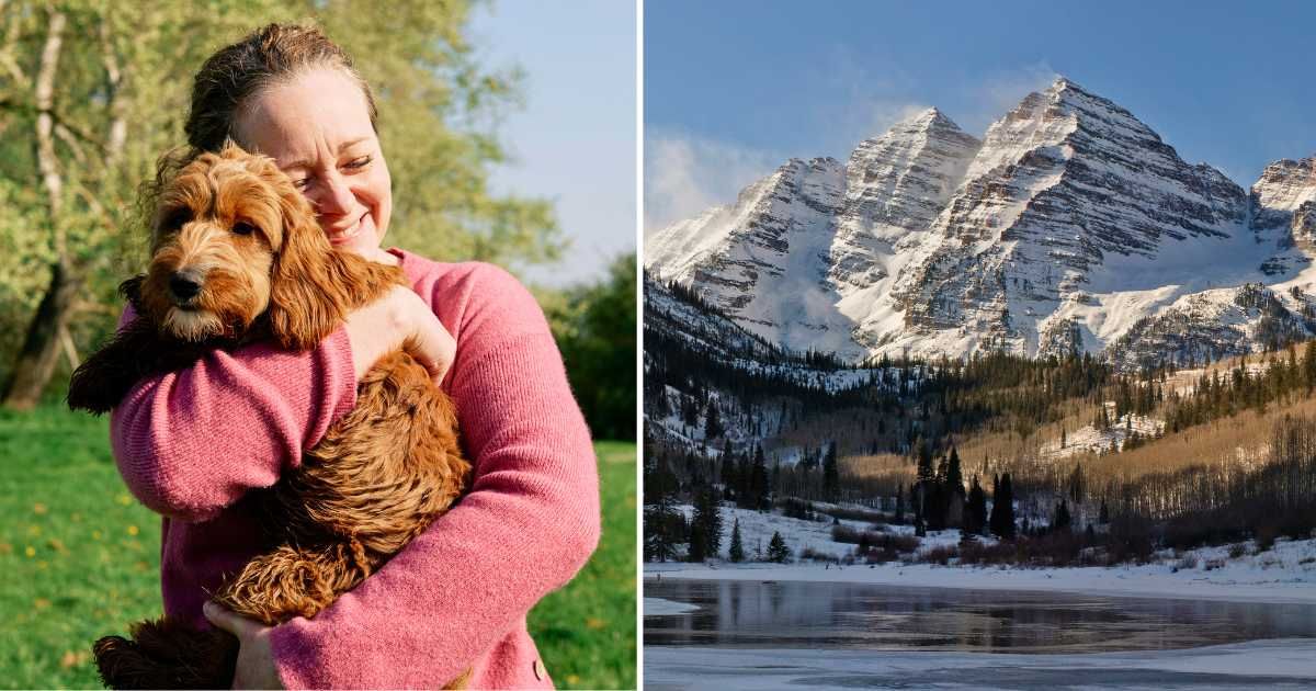 (L) A woman hugging her pet dog. (R) View of snowy mountains in Colorado. (Representative Cover Image Source: Getty Images | (L) Gary Yeowell, (R) Lasting image by Pedro Lastra)