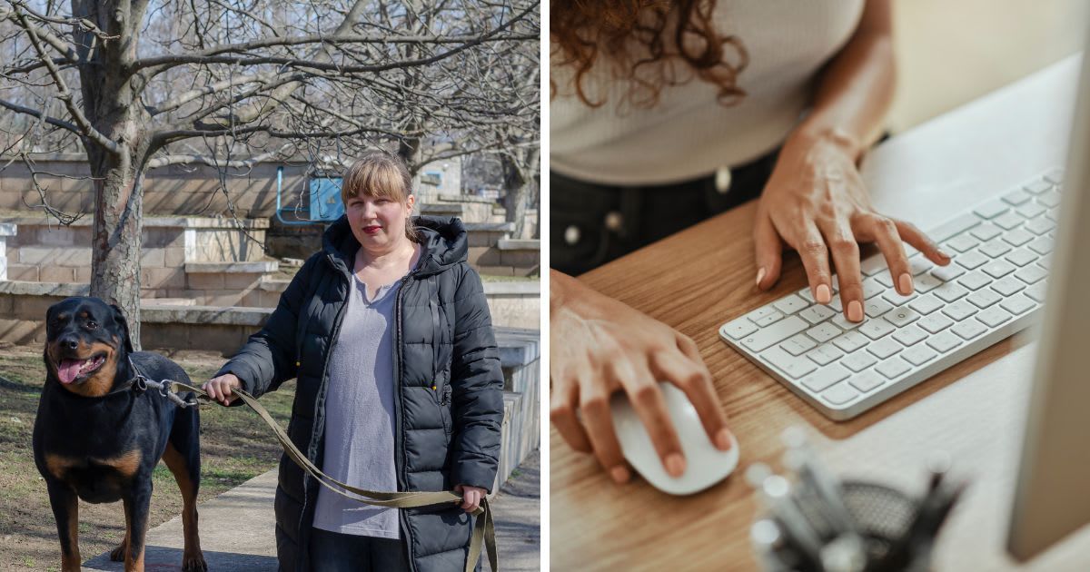 (L) An adult woman walks with her pet on a leash, (R) A woman searching the web. (Representative Cover Image Source: Getty Images | (L) Mikhail Dmitriev, (R) Delmaine Donson)