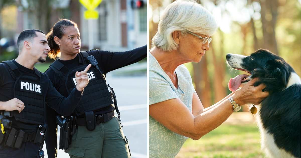 (L) Two police officers, (R) Senior woman and her dog. (Representative Cover Image Source: Getty Images | (L) kali9, (R) PeopleImages)