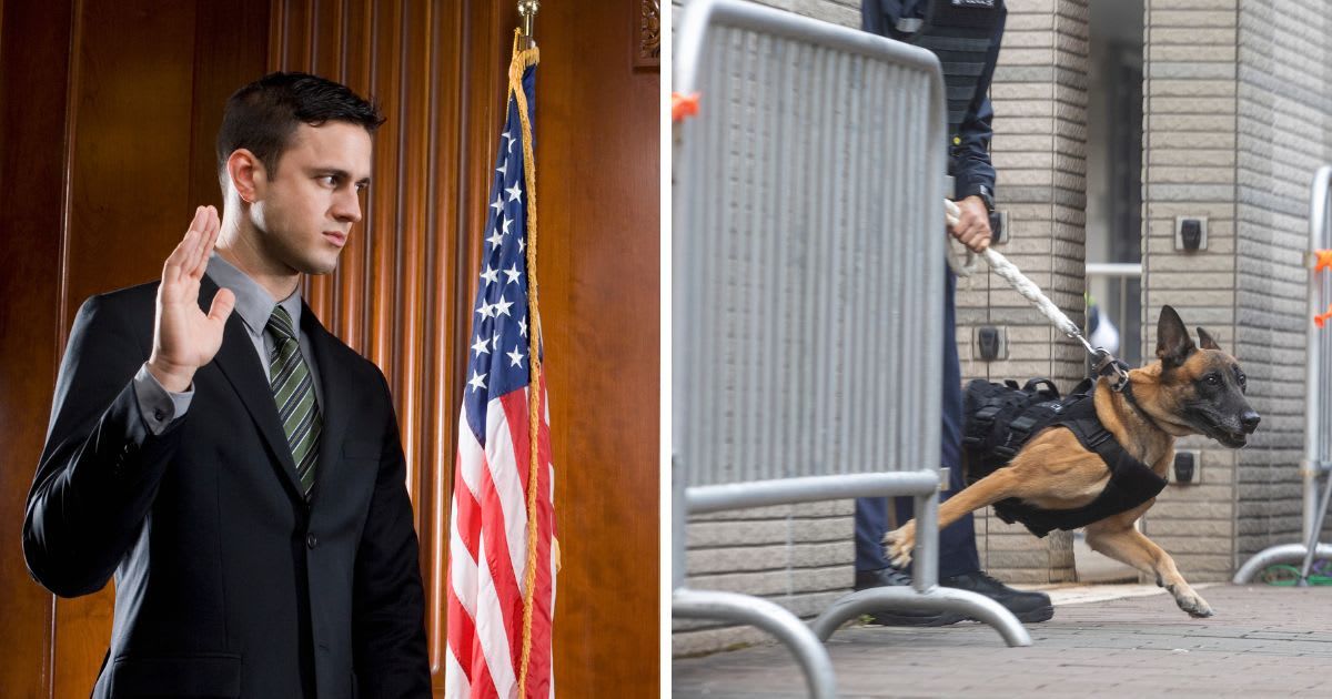 (L) Witness Giving Oath During Trial, (R) A police officer with a dog outside. (Representative Cover Image Source: Getty Images | (L)Heide Benser, (R) Derek Yung)