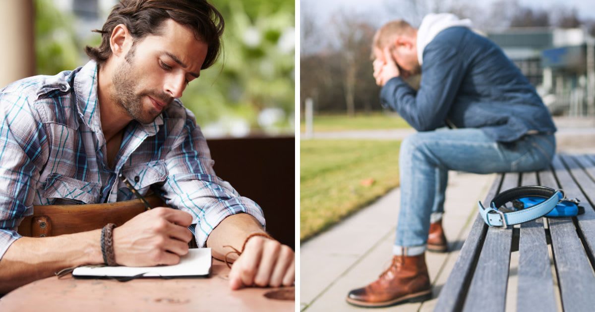 (L) Man writing a poem on paper, (R) Broken with grief dog owner is grieving, sitting on a bench. (Representative Cover Image Source: Getty Images | (L) Yuri Arcurs, (R) Solovyova)