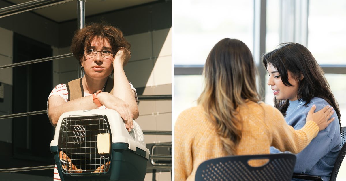 (L) Woman is sitting on sunny street with an empty pet carrier, (R) An Emotional woman shares her concerns with a friend. (Representative Cover Image Source: Getty Images | (L) invizbk, (R)SDI Productions)