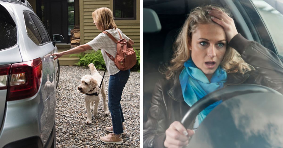(L) Woman getting in the car with her dog, (R) Stressed-out woman in the car. (Representative Cover Image Source: Getty Images | (L) martinedoucet, (R)Westend61)