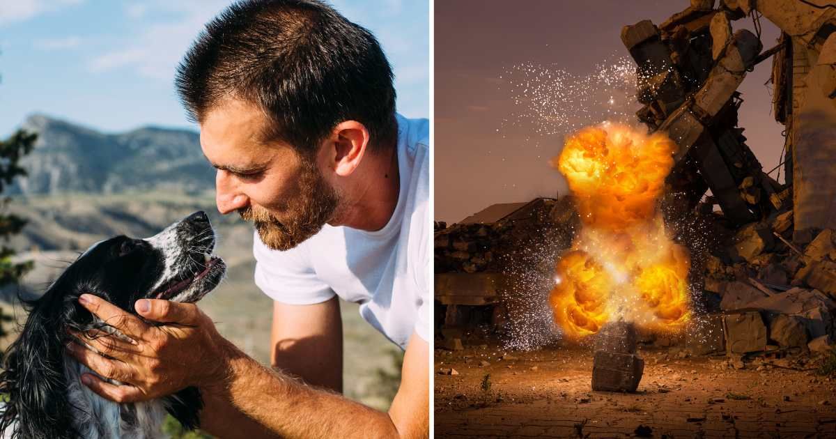 (L) A man with his pet dog. (R) A dynamite explosion. (Representative Cover Image Source: Getty Images | (L) EyeEm Mobile GmbH, (R) Michalz86)