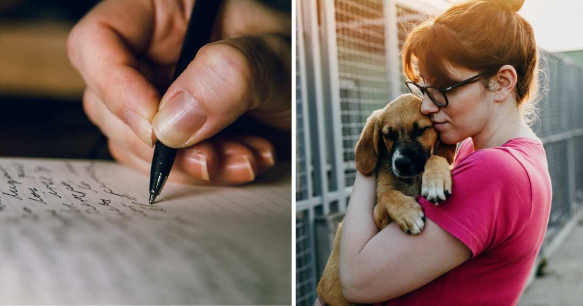 (L) A woman writing a note. (R) A shelter staff hugging a dog. (Representative Cover Image Source: Getty Images | (L) Jacques Julien, (R) Group4 Studio)