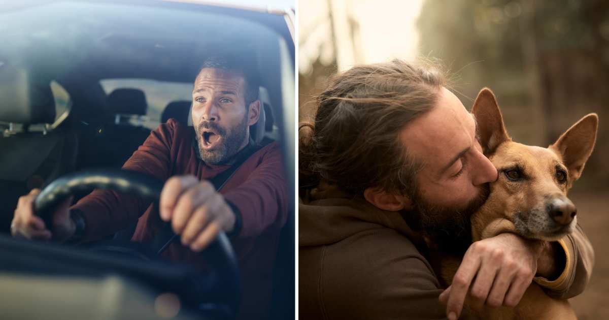 (L) A man looking shocked while driving. (R) A man kissing his pet dog. (Representative Cover Image Source: Getty Images | (L) skynesher, (R) Oscar Romero Ruiz)