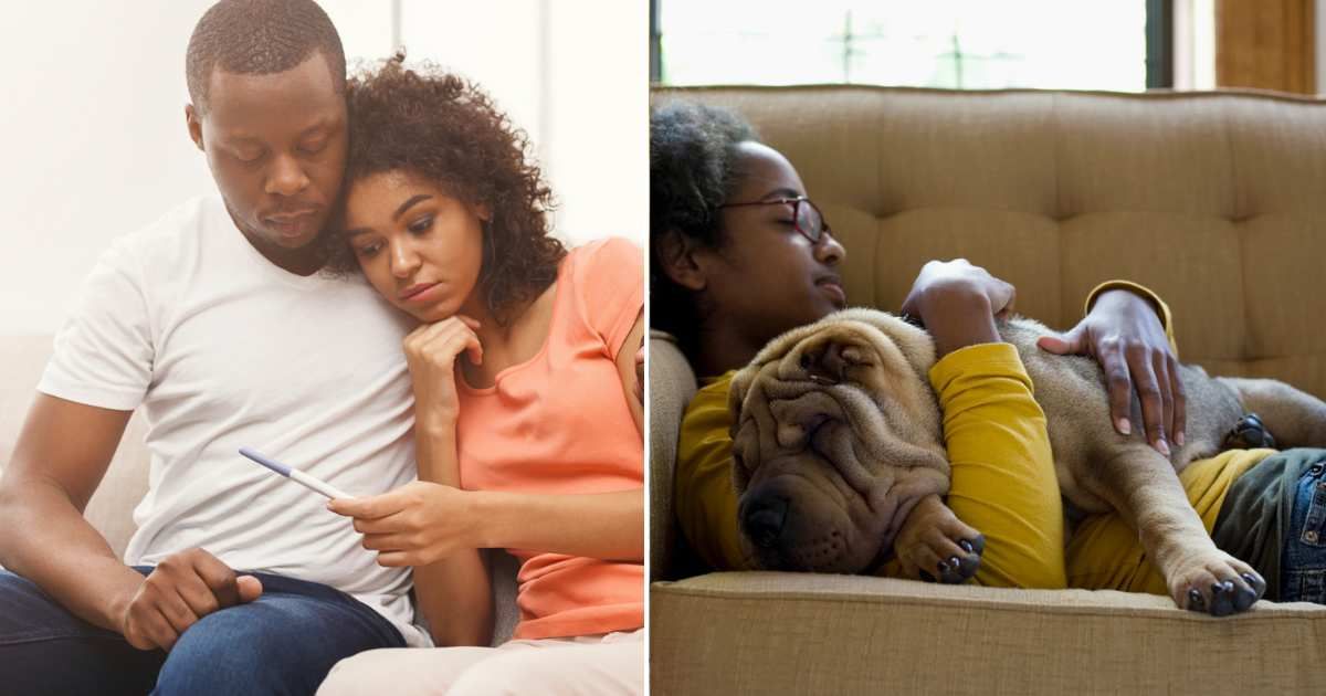 (L) Sad African-American couple after negative pregnancy test result, (R) A young woman and her Shar-Pei napping on a couch. (Representative Cover Image Source: Getty Images | (L) Prostock-Studio, (R) fStop Images - Winnie Au)