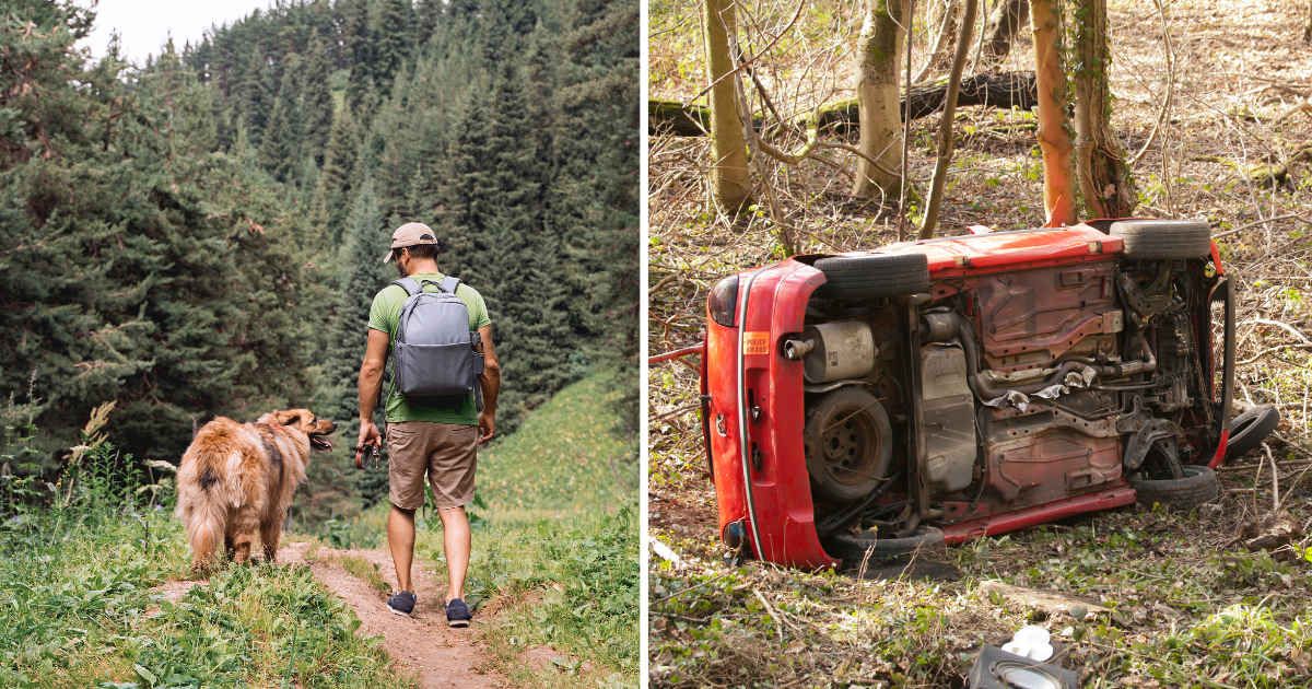(L) A man with his dog in the woods. (R) A car crash in the woods. (Representative Cover Image Source: Getty Images | (L) taniche, (R) mikedabell)