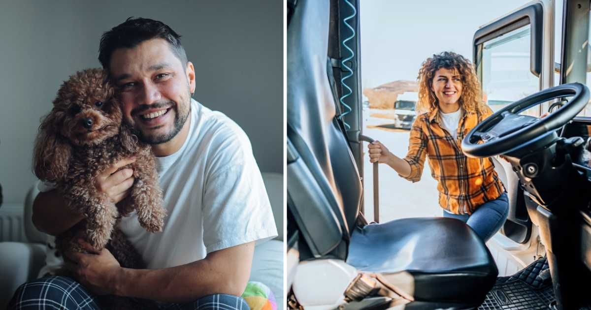 (L) A man hugging his pet dog. (R) A woman entering a truck. (Representative Cover Image Source: Getty Images | (L) ozgurcankaya, (R) Lord Henri Voton)
