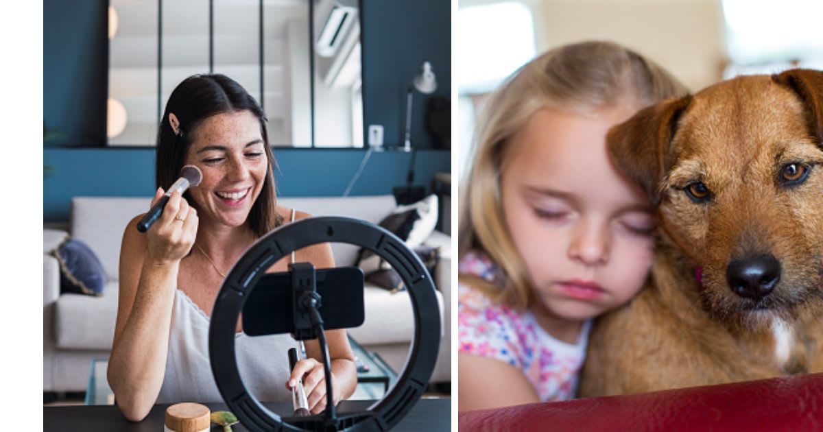 (L) An influencer recording make-up tutorial, (R) A little girl is sitting on the sofa next to her pet dog. (Representative Cover Image Source: Getty Images | (L)Westend61, (R) SolStock)