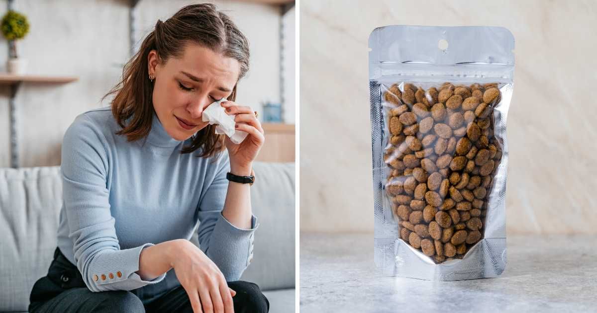 (L) A sad woman crying. (R) A dog food packet. (Representative Cover Image Source: Getty Images | (L) urbazon, (R) alpaksoy)