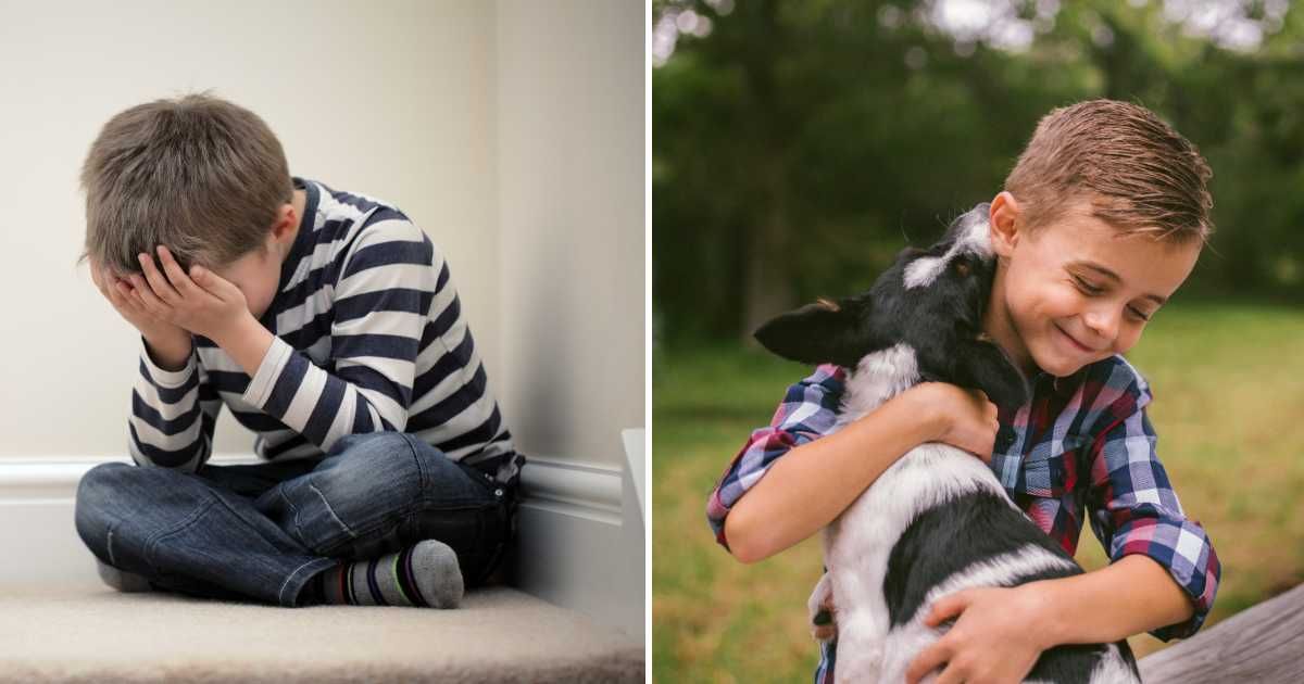(L) A sad little boy sitting on the stairs. (R) A young boy hugging his pet dog. (Representative Cover Image Source: Getty Images | (L) Brian A Jackson, (R) wundervisuals)
