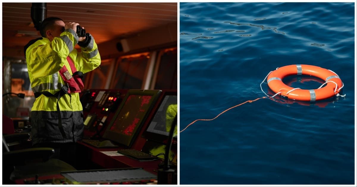 (L ) A sailor looking through his binoculars on board ; (R) A lifering with rope floating in the ocean (Representative Cover Source: Getty Images | Photo by (L) Denys Yelmanov ; (R) Holger Leue)