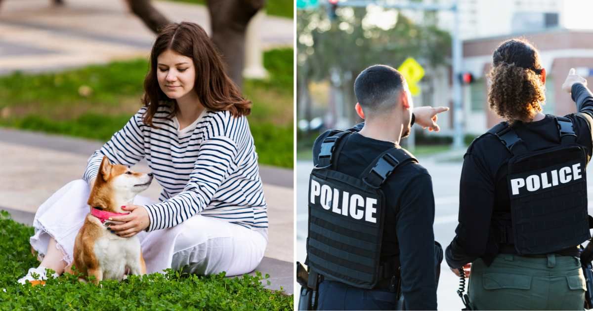 (L) A woman sitting in a park with her pet dog. (R) Two police officers. (Representative Cover Image Source: Getty Images | (L) JulPo, (R) kali9)