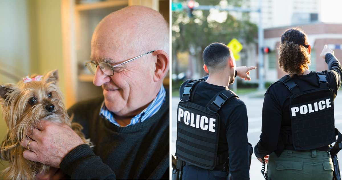 (L) A senior man with his pet yorkie. (R) Two police officers. (Representative Cover Image Source: Getty Images | (L) Westend61, (R) kali9)