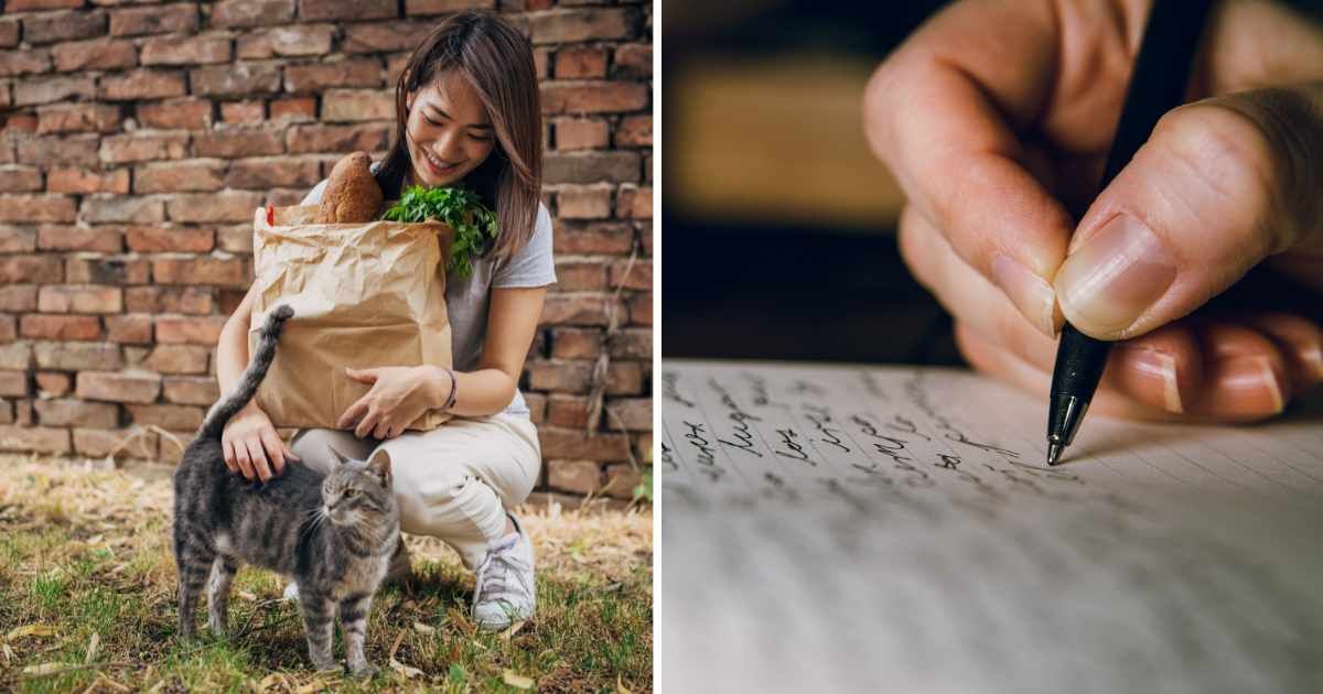 (L) A woman petting a cat. (R) A woman writing a letter. (Representative Cover Image Source: Getty Images | (L) South_agency, (R) Jacques Julien)