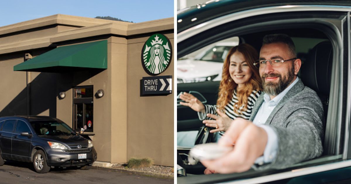 (L) Starbucks Coffee Shop Drive Thru Window, (R) Couple sitting inside vehicle. (Representative Cover Image Source: Getty Images | (L)hapabapa, (R) Olga Rolenko)