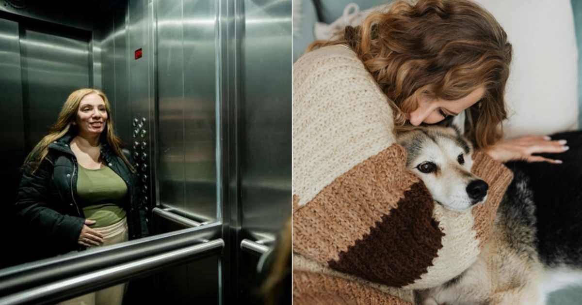 (L) A pregnant woman in an elevator. (Representative Cover Image Source: Getty Images | Frazao Studio Latino); (R) Woman Hugging a Dog While Lying on a Sofa. (Representative Cover Image Source: Pexels | Karola G)