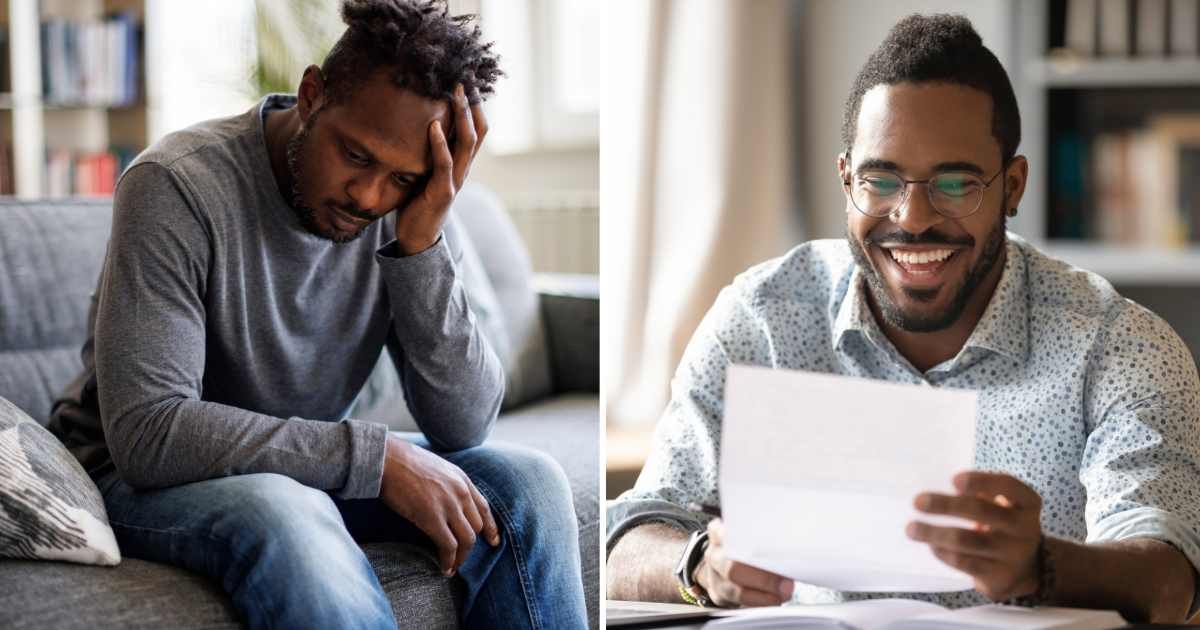 (L) A sad man sitting on sofa. (R) A man smiling while looking at a letter. (Representative Cover Image Source: Getty Images | (L) damircudic, (R) fizkes)