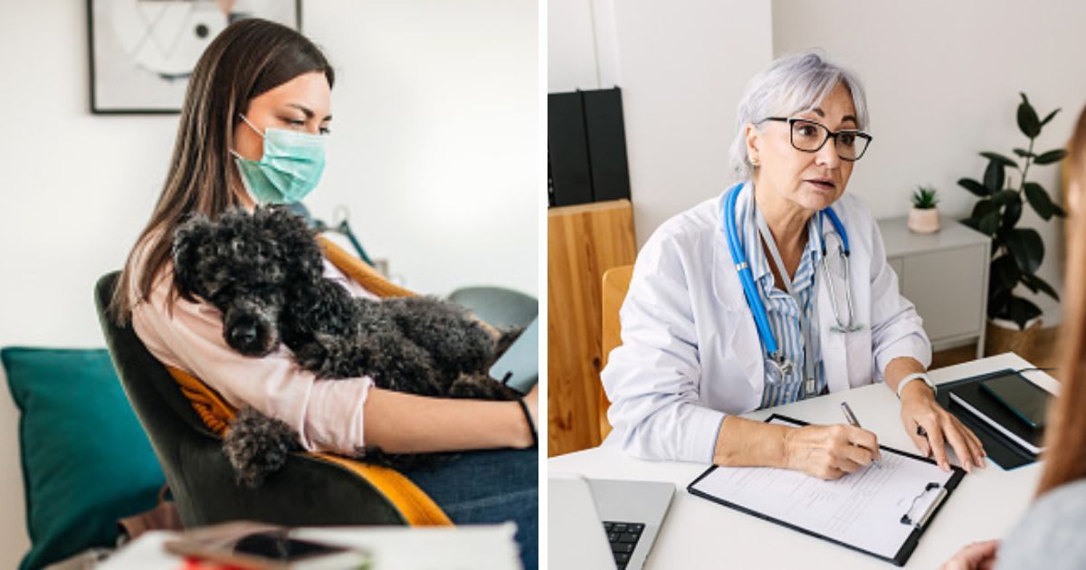 (L) A woman wearing a mask on her face and reading a book with a dog, (R) A doctor taking notes on a clipboard. (Representative Cover Image Source: Getty Images | (L) J_art, (R) Xavier Lorenzo)