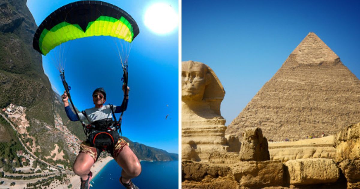 (L) Paraglider pilot flying. (Representative Cover Image Source: Getty Images | Rick Neves), (R) Great Sphinx of Giza and Pyramid of Khafre. (Cover Image Source: Pablo Charlón)