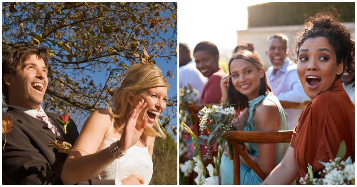 (L ) A bride and groom waving at their wedding ; (R) Surprised-looking guests (Representative Cover Source: Getty Images | Photo by (L) Simon Potter ; (R) Klaus Vedfelt)