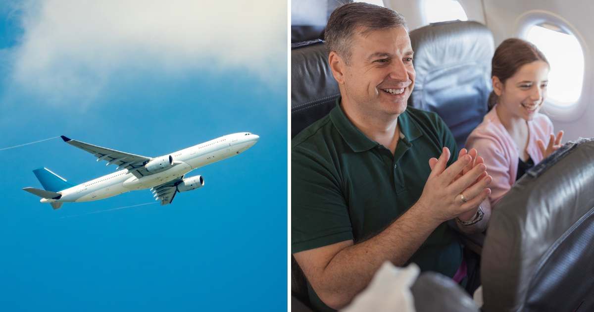 (L) A plane in the air. (R) Passengers on the flight clapping. (Representative Cover Image Source: Getty Images | (L) Witthaya Prasongsin, (R) Dobrila Vignjevic)