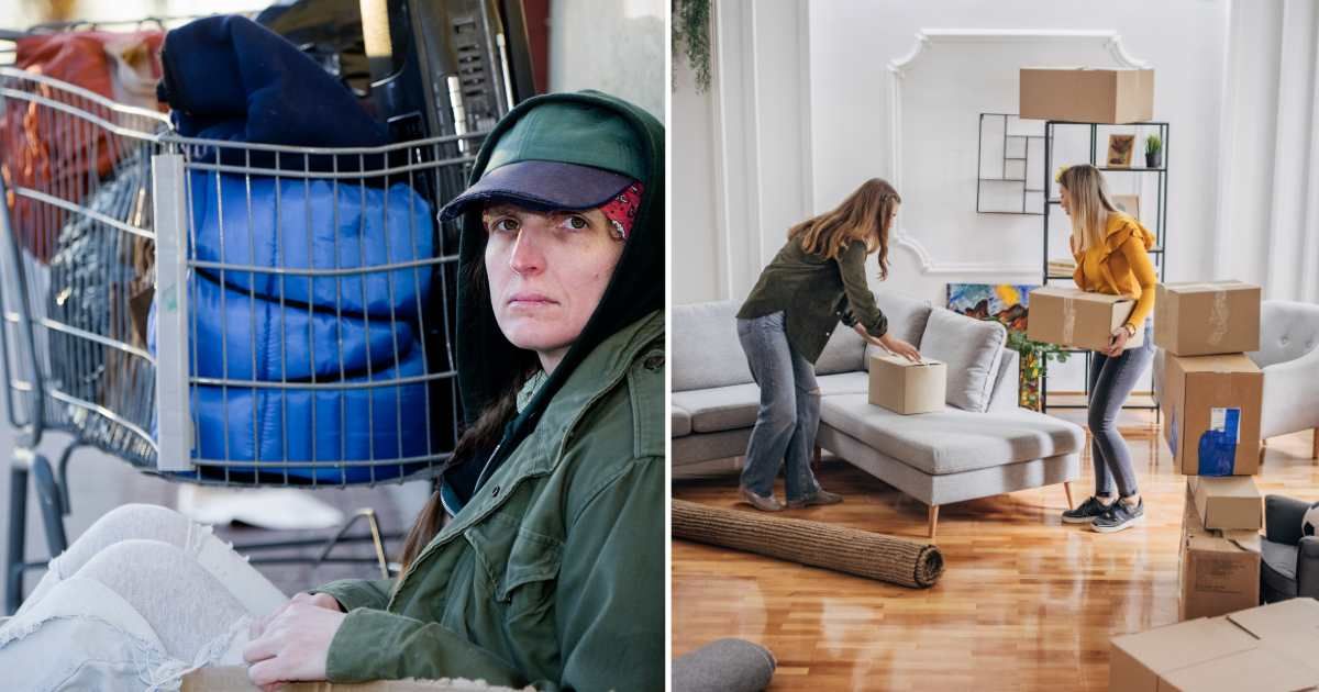 (L) A homeless woman sitting on the street. (R) Two woman moving into a new apartment. (Representative Cover Image Source: Getty Images | (L) O2O Creative, (R) South_agency)