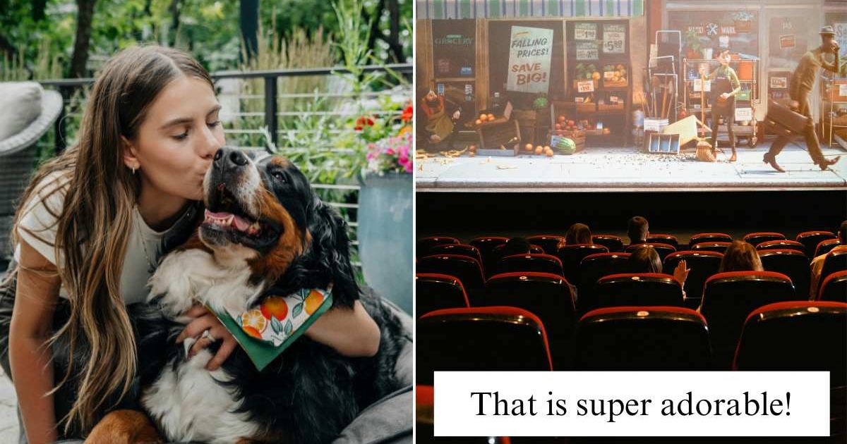 (L) A young woman kissing a dog; (R) A theater showing an animated film. [Cover Image Source: (L) Pexels | Photo by Impact Dog Crates; (R) Pexels | Photo by Tima Miroshnichenko; Inset Source: YouTube | @sandybelleX3]