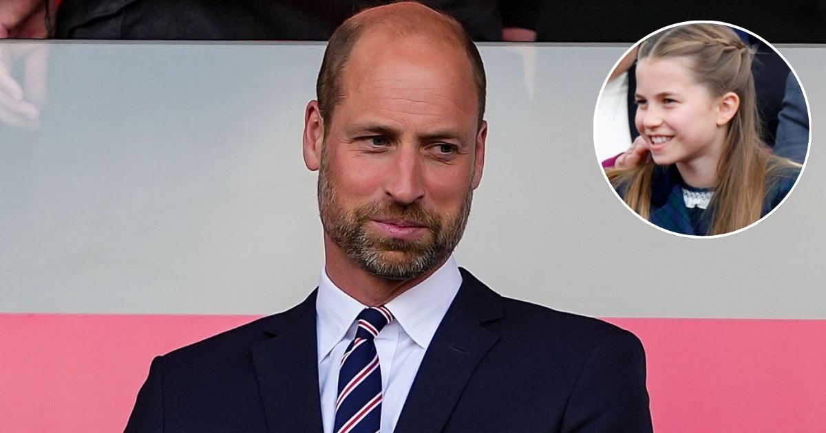 Prince William before the UEFA Women's EURO 2025 Group D match in 2025; (Inset) Princess Charlotte on VE Day, 2025. (Cover Image Source: Getty Images| Daniela Porcelli; Inset| Max Mumby/Indigo)