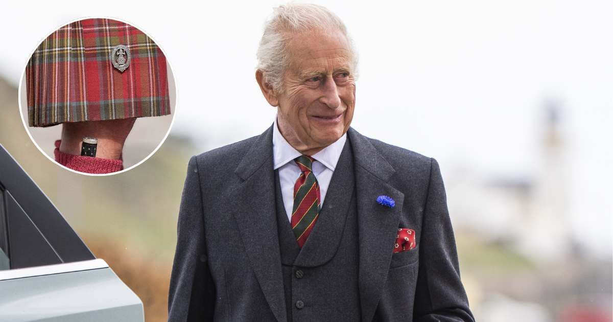 King Charles arrives for a reception for Caithness Communities hosted by the NDA, (Inset) The skene-dhu sticking out of Charles's leg (Cover Image Source: Getty Images | Aaron Chown - WPA Pool)