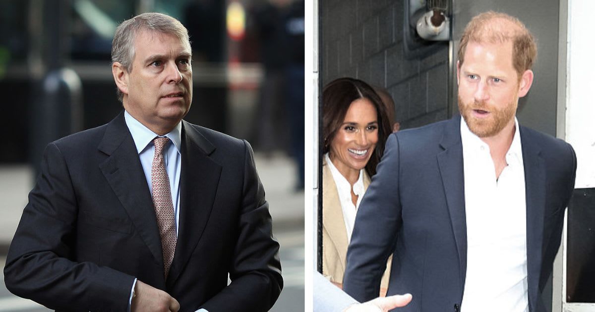 (L) Prince Andrew arrives at the Headquarters of CrossRail in Canary Wharf; (R) Prince Harry and Meghan Markle exiting the 2025 TIME100 Summit. Cover Image Source: Getty Images| (L) Dan Kitwood; (R) MediaPunch/Bauer-Griffin/GC Images