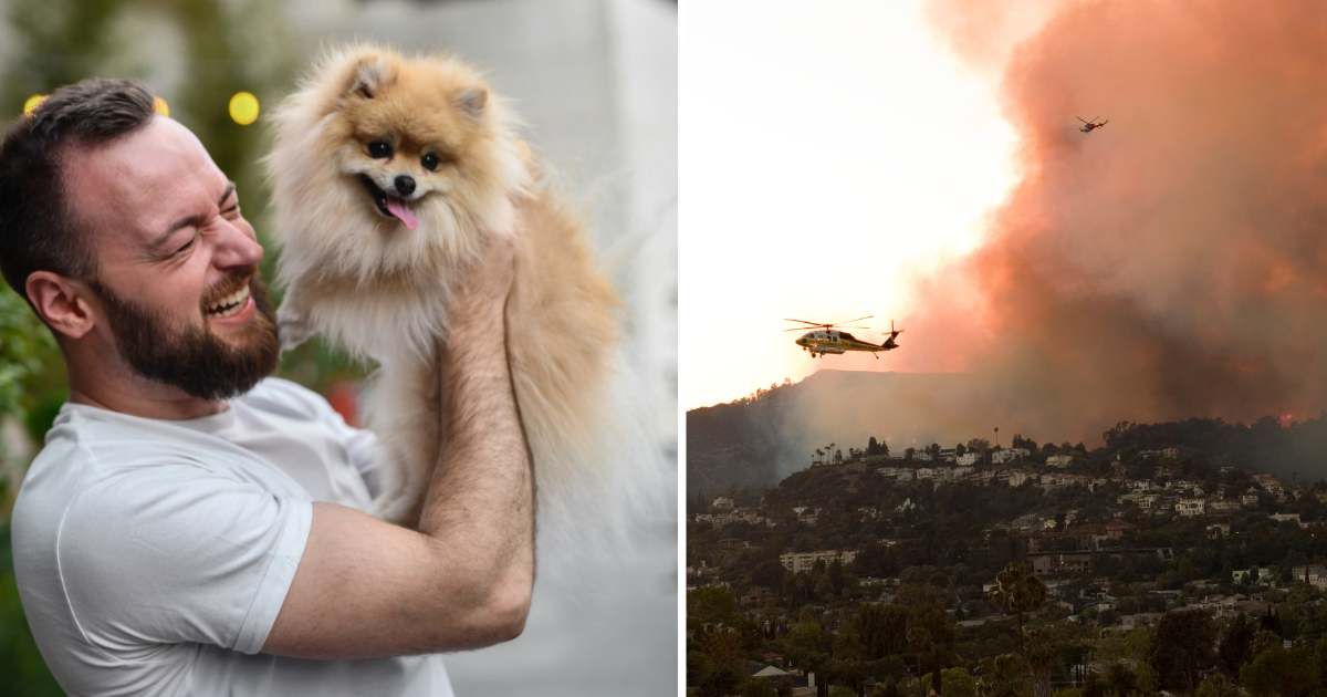 (L) Man smiling and holding a Pomeranian dog. (R) Wildfires in California. (Representative Image Source: Getty Images | (L) Aleksandar Georgiev, (R) Reza Estakhrian)