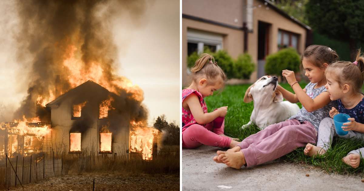 (L) A house on fire. (R) Three kids playing with their pet dog. (Representative Image Source: Getty Images | (L) Insight Imaging, (R) VIJ)