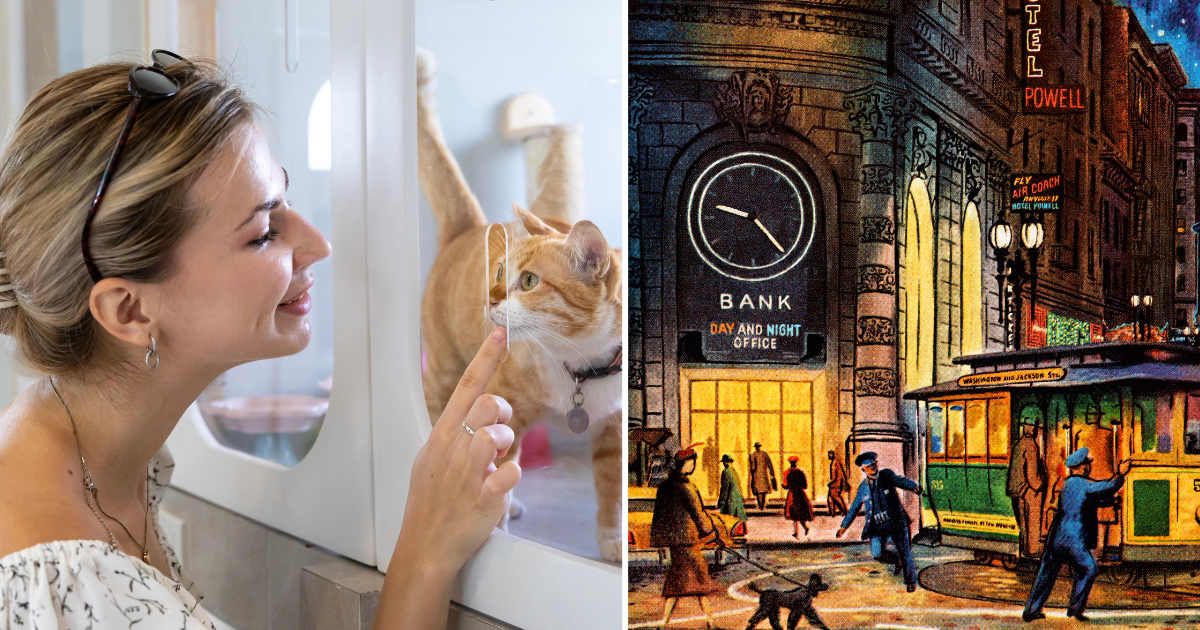 (L) A woman looking at an orange paddy cat in an animal shelter; (R) A vintage main street painting. (Representative Image Source: Getty Images | (L) Akarawut Lohacharoenvanich); (R) CSA Images)