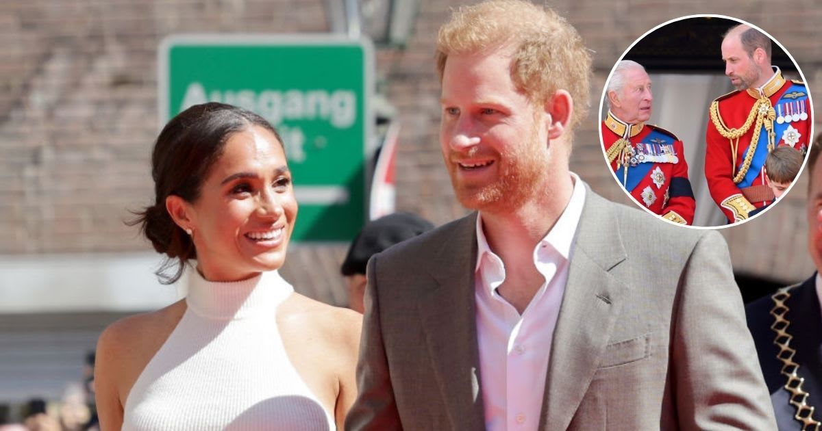 Prince Harry and Meghan Markle arrive during the Invictus Games Düsseldorf 2023; (Inset) King Charles and Prince William during Trooping The Colour 2025. Cover Image Source: Getty Images| Chris Jackson; (Inset) Karwai Tang/WireImage