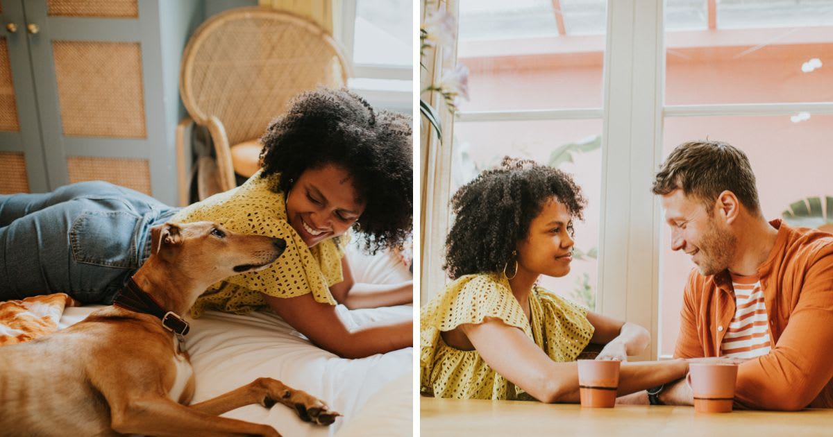 (L) Woman lies on her bed with her dog; (R) A couple on a date. (Representative Cover Image Source: Getty Images | Catherine Falls Commercial)