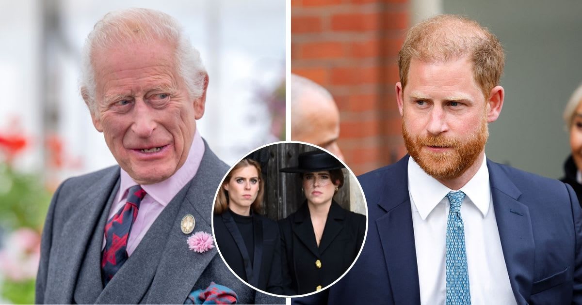 (L) King Charles at a Flower Show; (R) Prince Harry at a Court of Appeal hearing; (Inset) Beatrice and Eugenie at the Queen's funeral. (Cover Image Source: Getty Images| (L) Jane Barlow-WPA Pool; (R) Max Mumby/Indigo; (Inset) Justin Goff Photos)